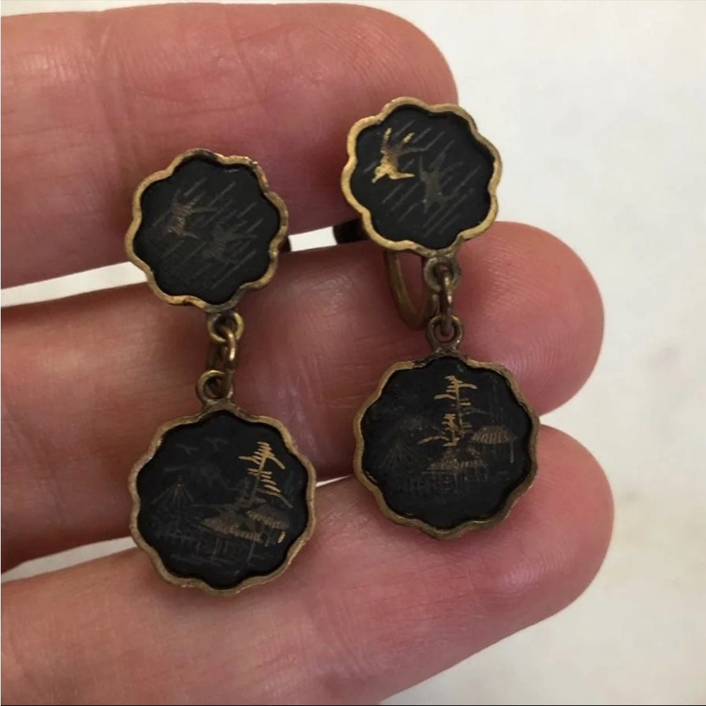 Vintage Damascene Asian Screw Back Earrings